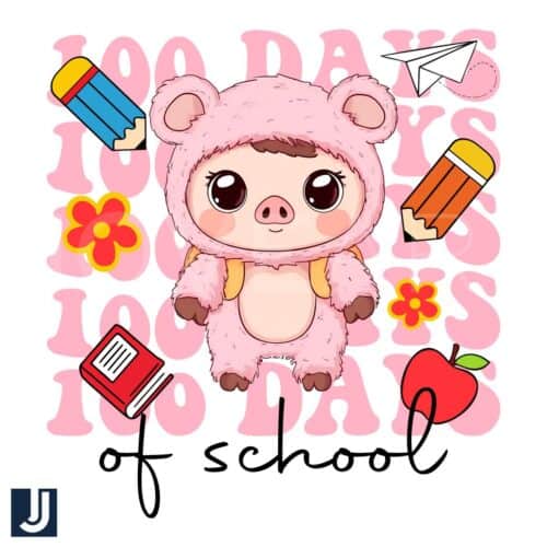 100 Days of School PNG Cute Pink Pig Student Design