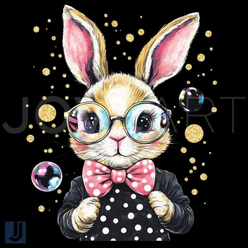 Adorable Bunny with Bow Colorful Polka Dots PNG