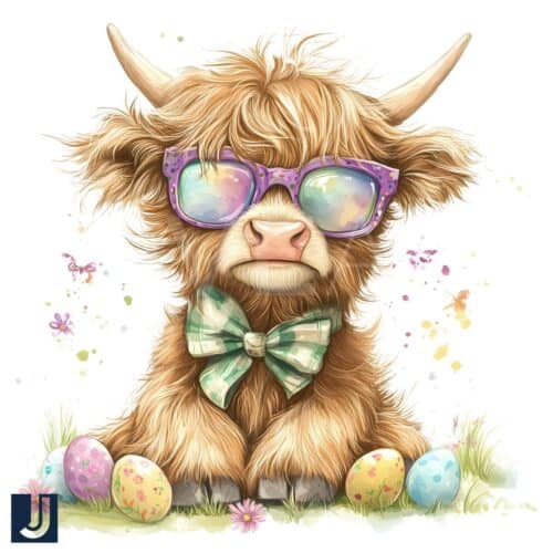 Adorable Highland Cow Easter Eggs PNG Design