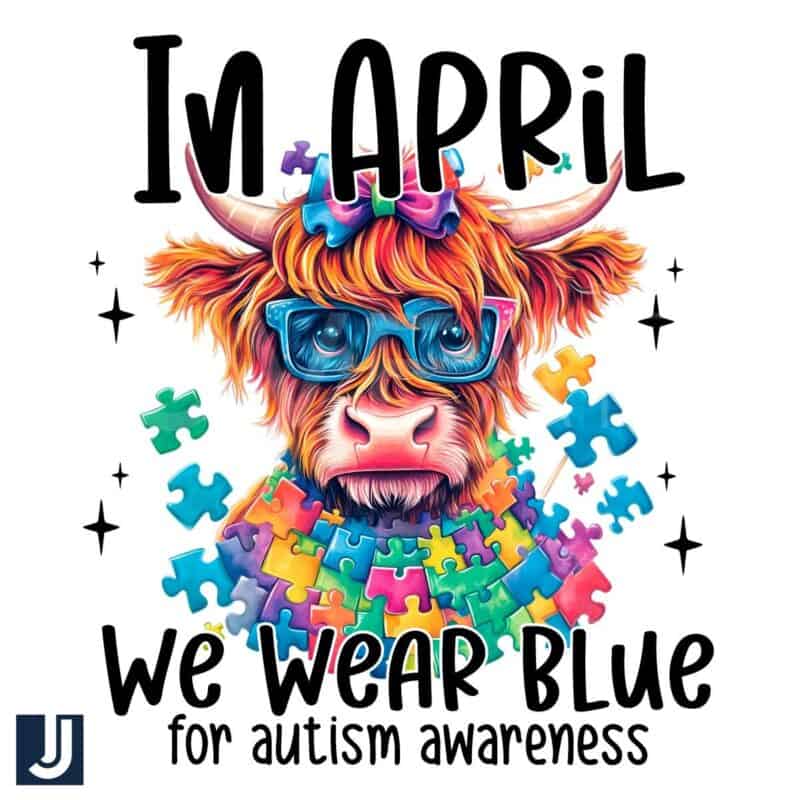 Colorful Autism Highland Cow with Coquette Bow April Blue PNG