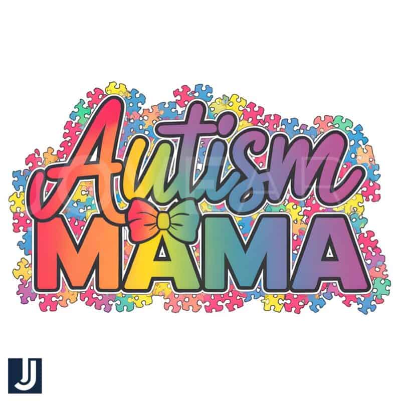 Colorful Autism Mama Rainbow Puzzle Bow PNG