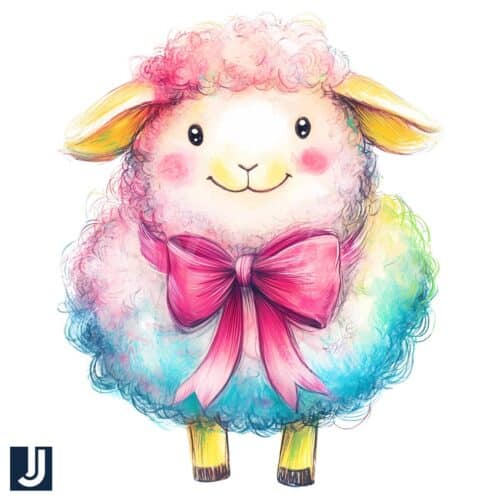 Cute CrayonStyle Sheep with Coquette Bow PNG