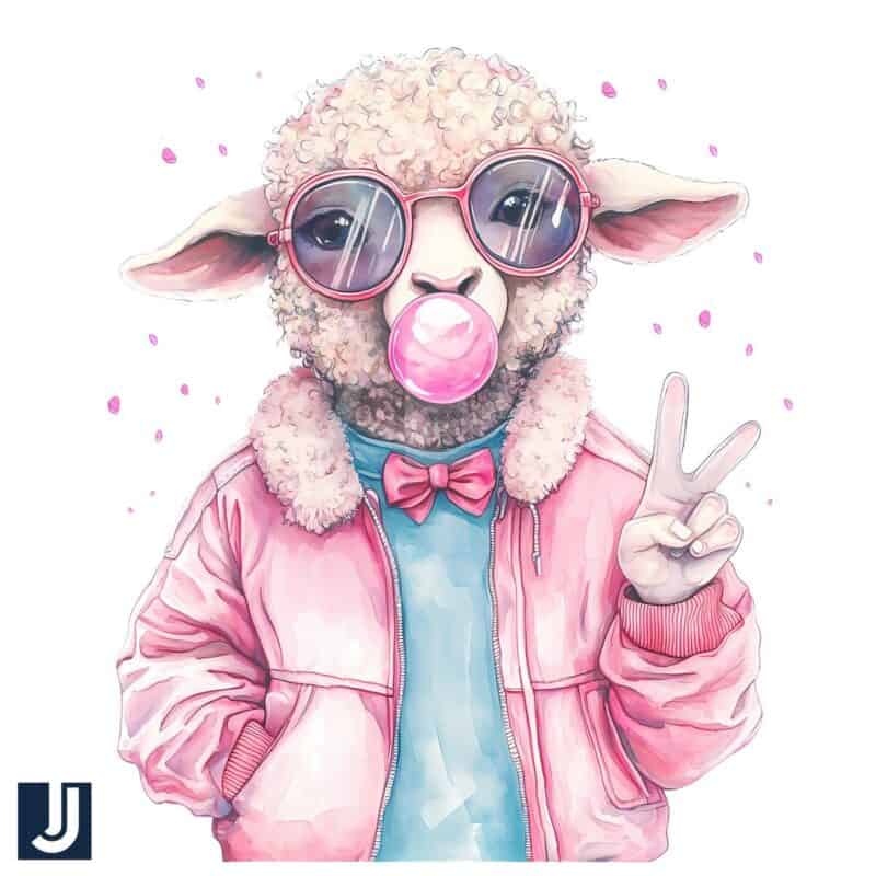 Cute Easter Sheep in Sunglasses Blowing Bubble PNG