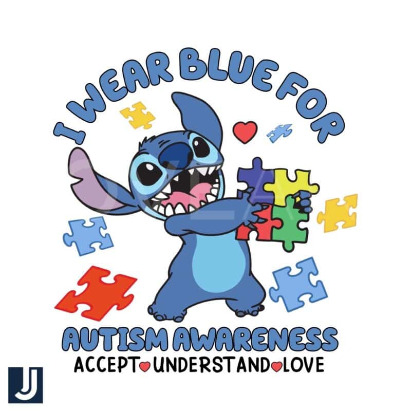 Disney Stitch I Wear Blue For Autism Awareness PNG