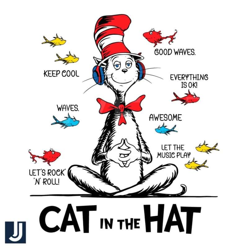 Funny Cat in the Hat Red Fish Blue Fish PNG Design