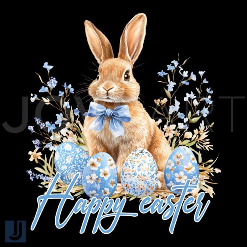 Happy Easter Bunny with Floral Eggs PNG