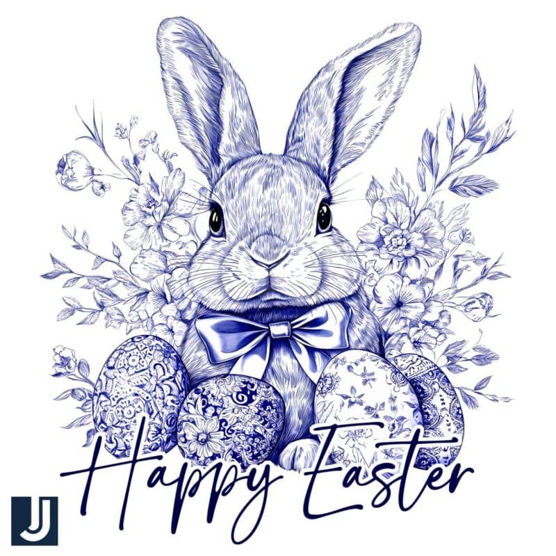 Happy Easter Bunny with Flowers Eggs PNG