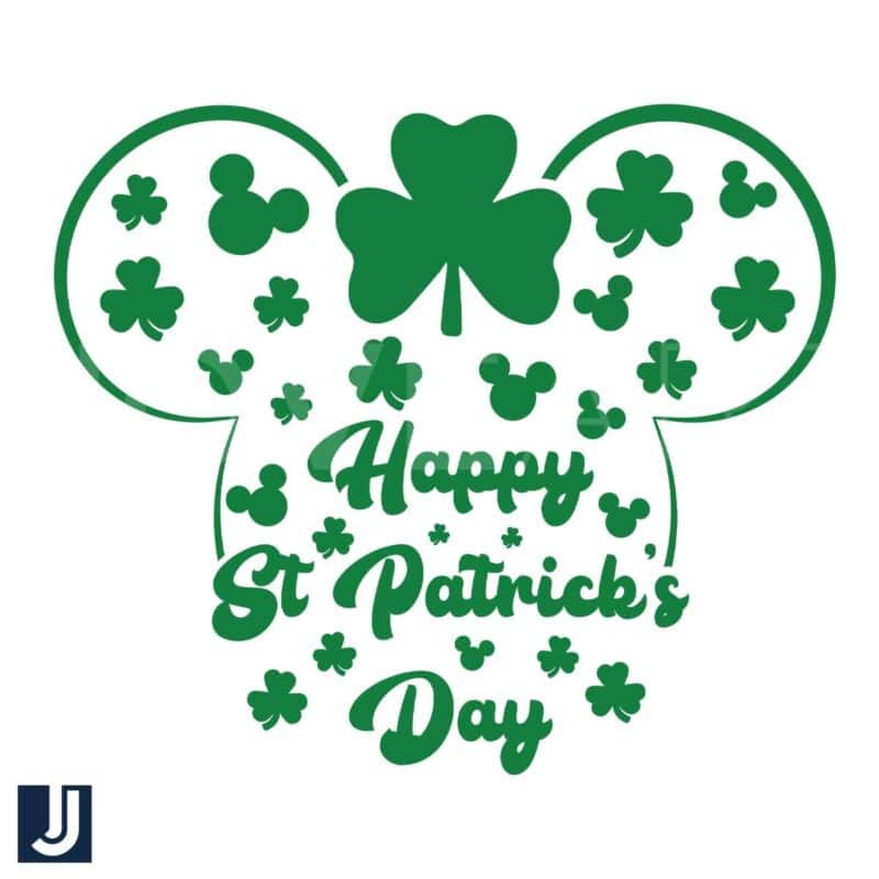 Happy St Patricks Day Mickey Head with Green Clover SVG