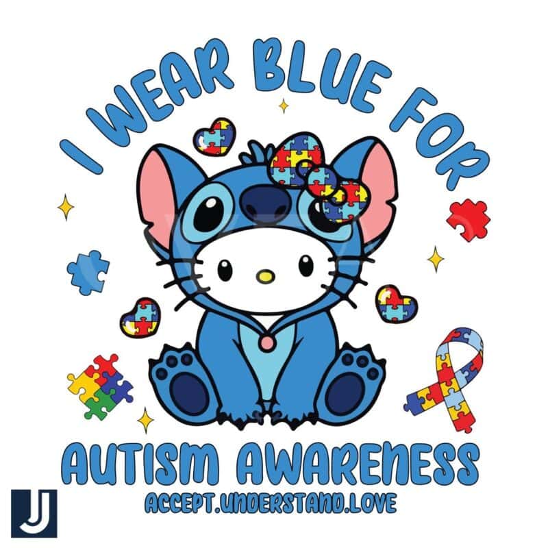 I Wear Blue For Autism Awareness Stitch Kitty Vibe PNG