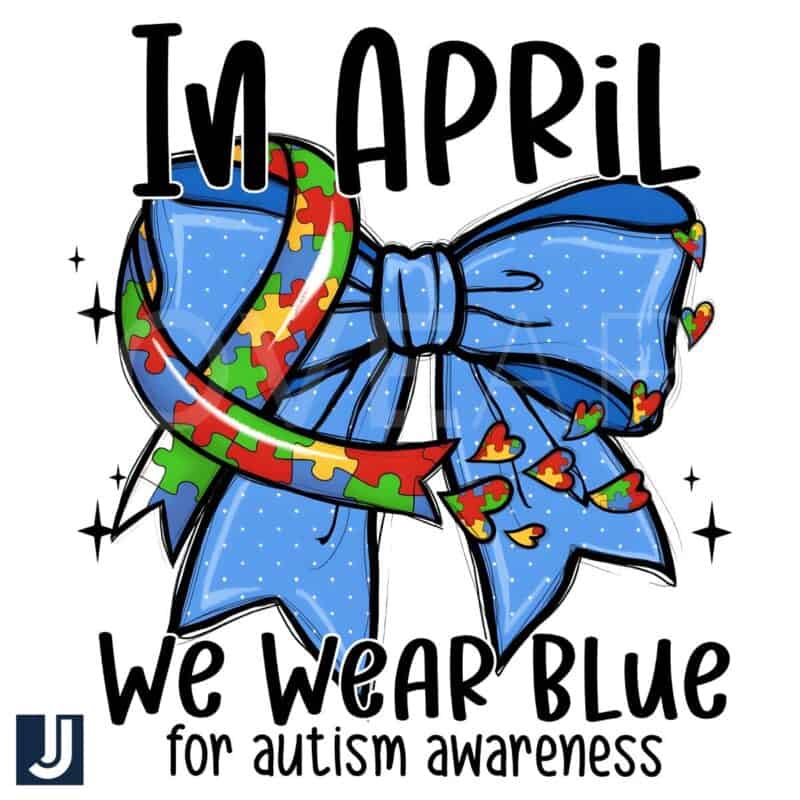 In April We Wear Blue Autism Coquette Bow Puzzle Ribbon PNG