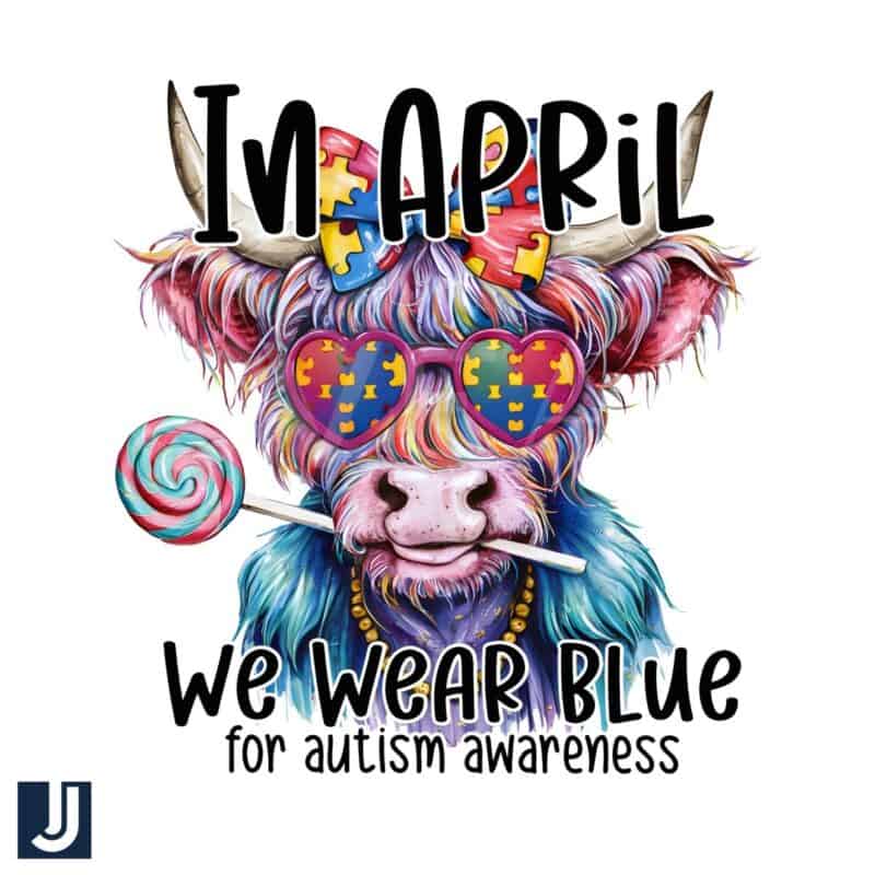 In April We Wear Blue Autism Cow with Coquette Bow PNG