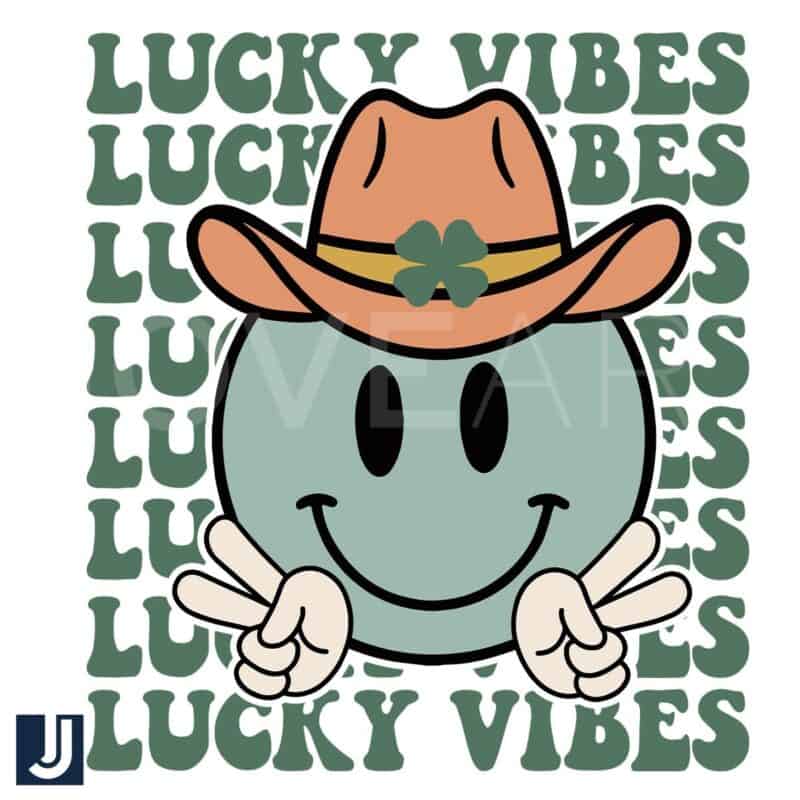 Lucky Vibes Smiley Face with Green Clover Leaf PNG