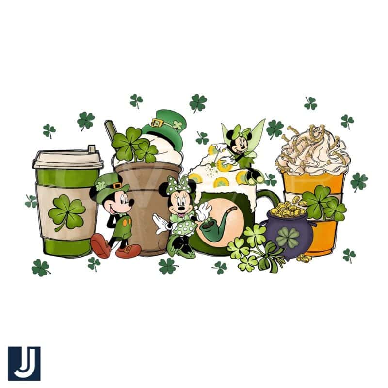 Mickey Minnie St Patricks Day Coffee PNG in Irish Green