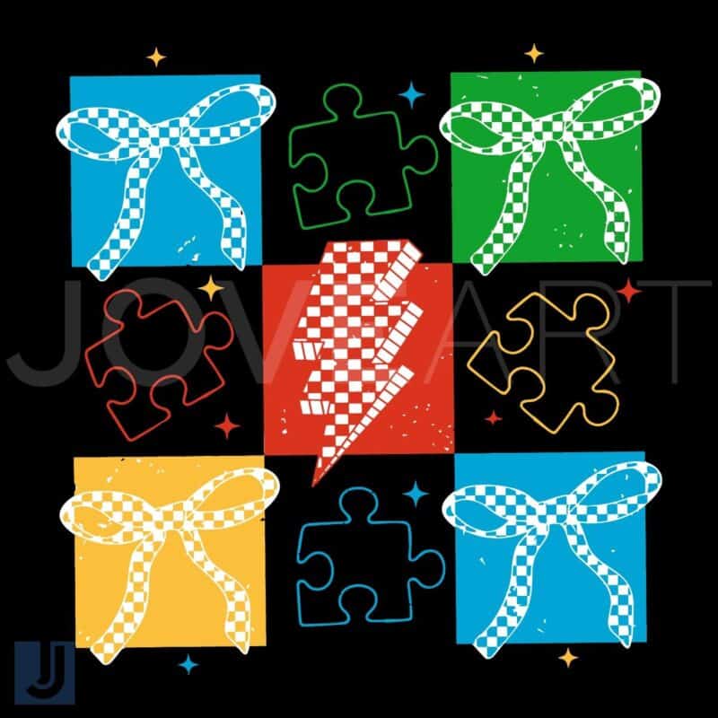 Retro Colorful Checkered Autism Puzzle Coquette Bow SVG