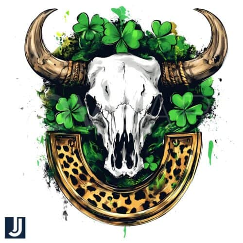 St Patricks Day Cow Skull with Green Shamrock PNG