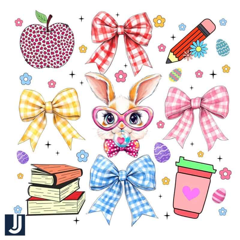 Teacher PNG Cute Bunny Apple Coquette Bow Design